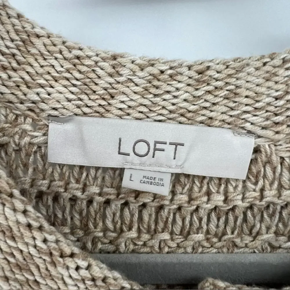 LOFT Chunky Knit Cardigan Sweater Womens L Oatmeal Beige Gold Buttons Cottage